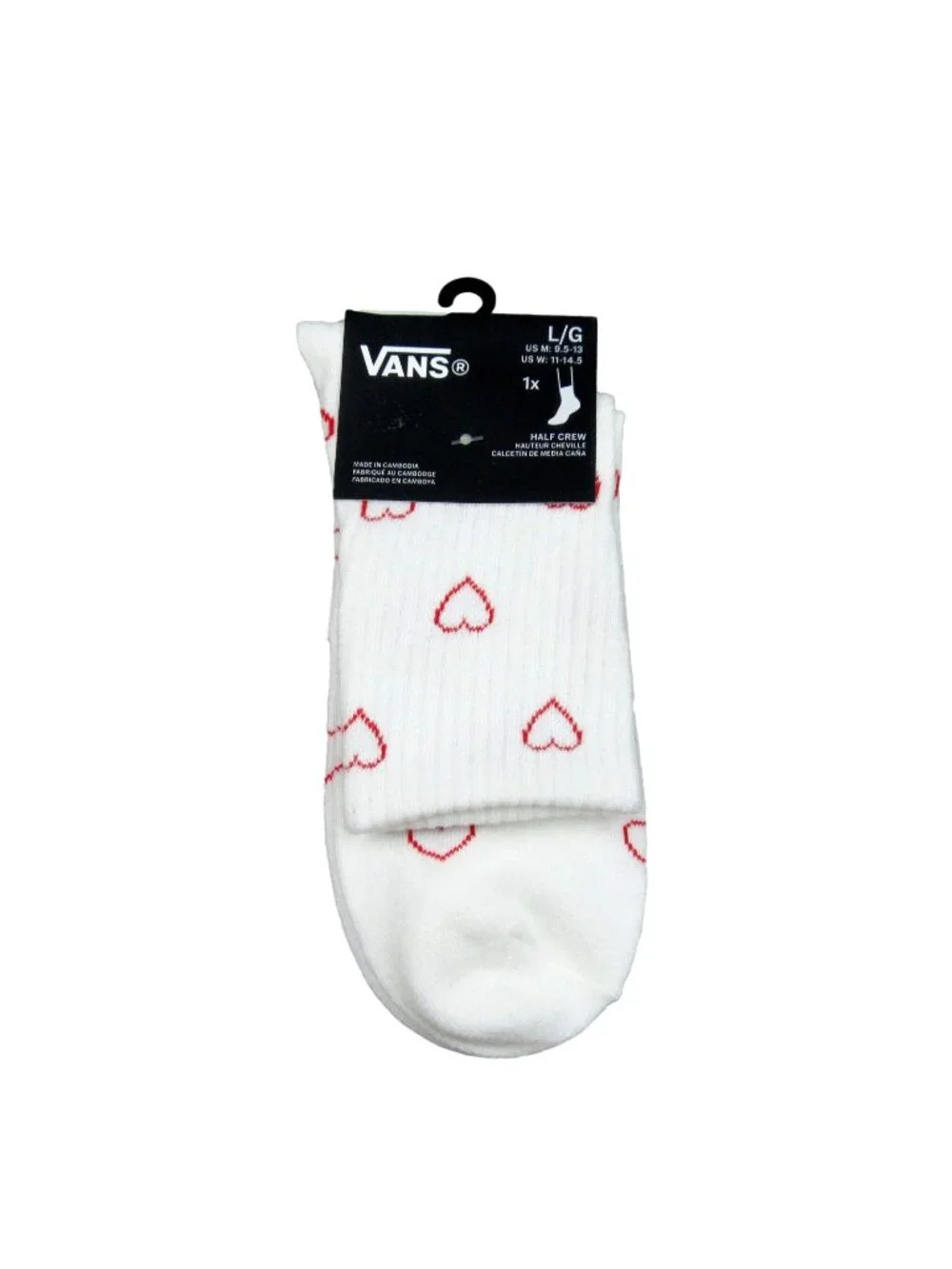 Vans Hearts White Half Crew Socks Unisex Size Large (1 Pair) NEW
